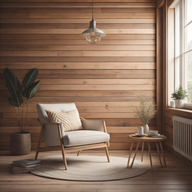 Photo a living room with a chair and a plant in the corner