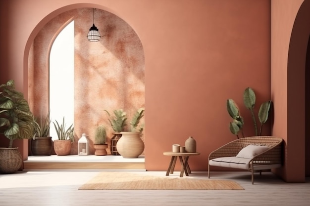 A living room with a chair and a plant in the corner.