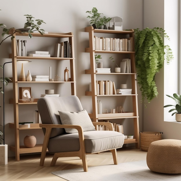 a living room with a chair and a plant on the shelf