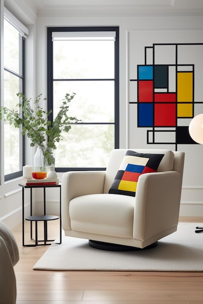 A living room with a chair and a table with a colorful square on it.