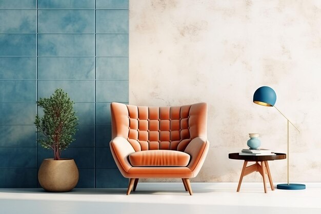 A living room with a chair and a table with a lamp.