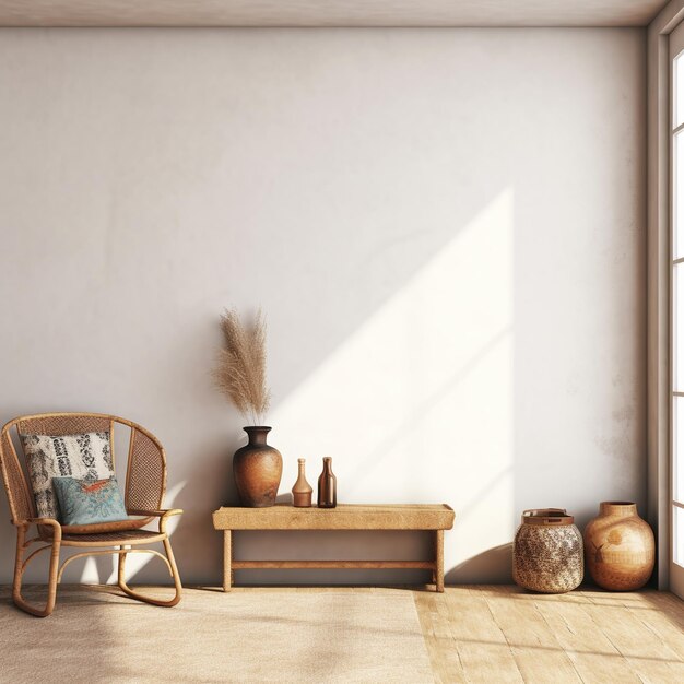 a living room with a chair and a table with a pillow on it