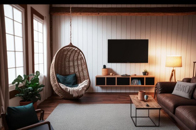 A living room with a chair that says'the word on it