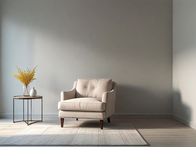 a living room with a chair and a vase with flowers on it