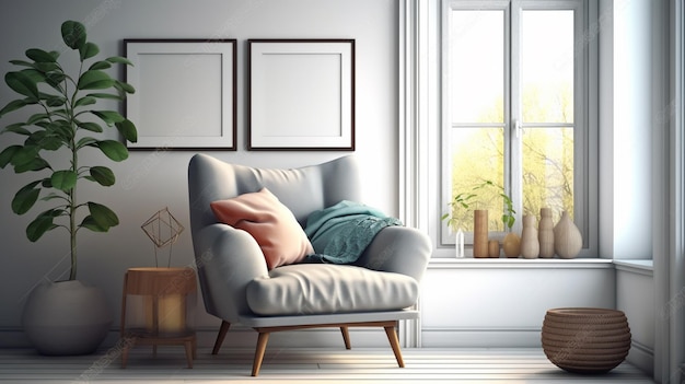 A living room with a chair and a window with a picture frame that says'a pillow '