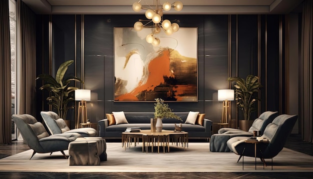 a living room with chairs and a large painting