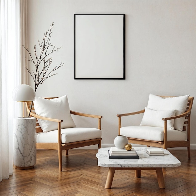 a living room with chairs a table and a picture on the wall
