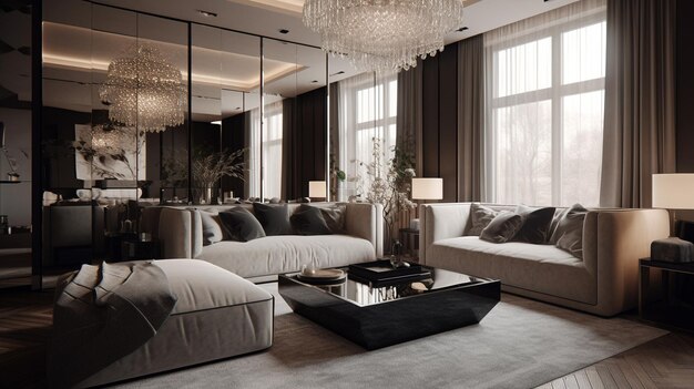 Photo a living room with a chandelier hanging from the ceiling