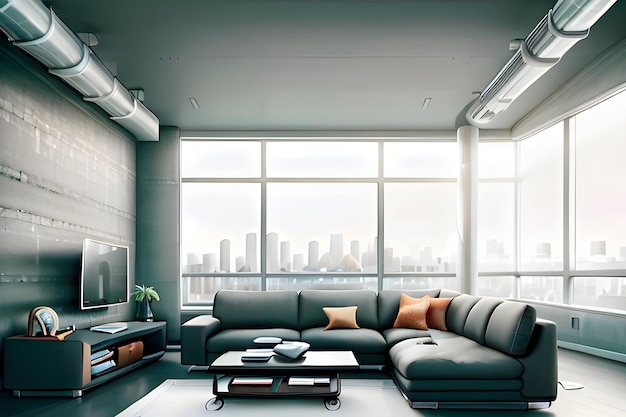 Living room with charcoal sofa city view industrial accents minimalist contemporary design