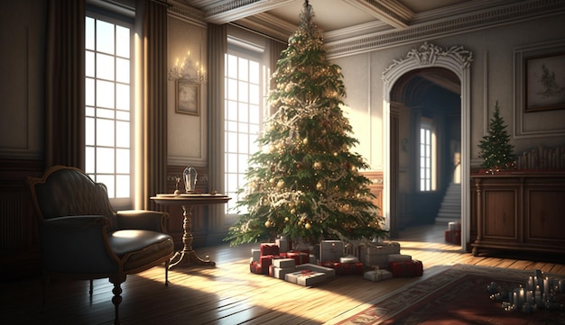 A living room with a christmas tree in the corner