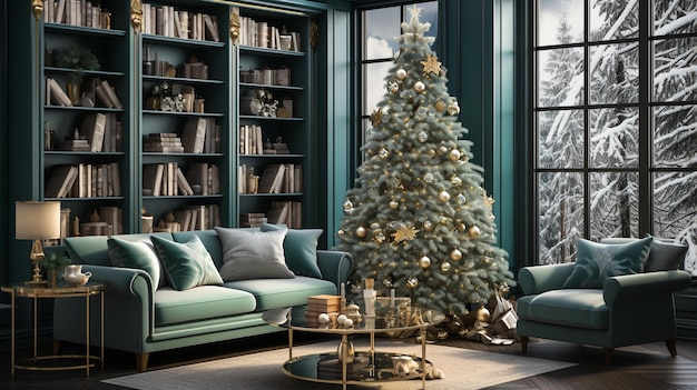 a living room with a christmas tree on the shelf.