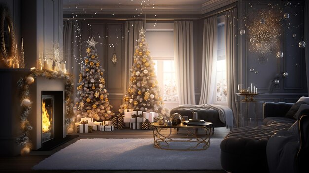 A living room with a christmas tree and a sofa with a fireplace and a fireplace.