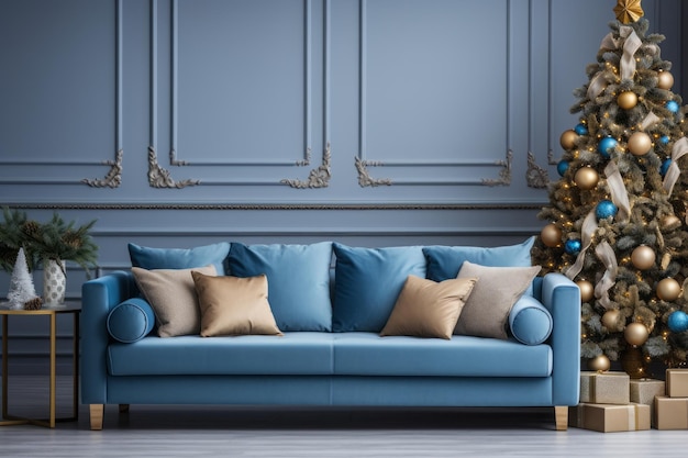 living room with christmas tree teal theme and blue sofa