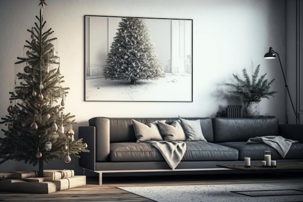 A living room with a christmas tree on the wall