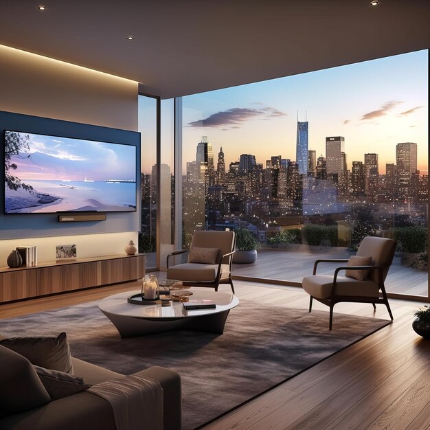 A living room with a city view and a large tv.