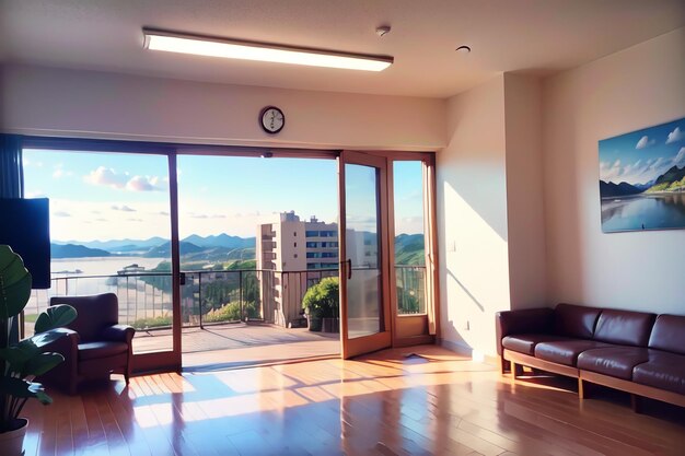 A living room with a clock on the wall and a couch in front of a window