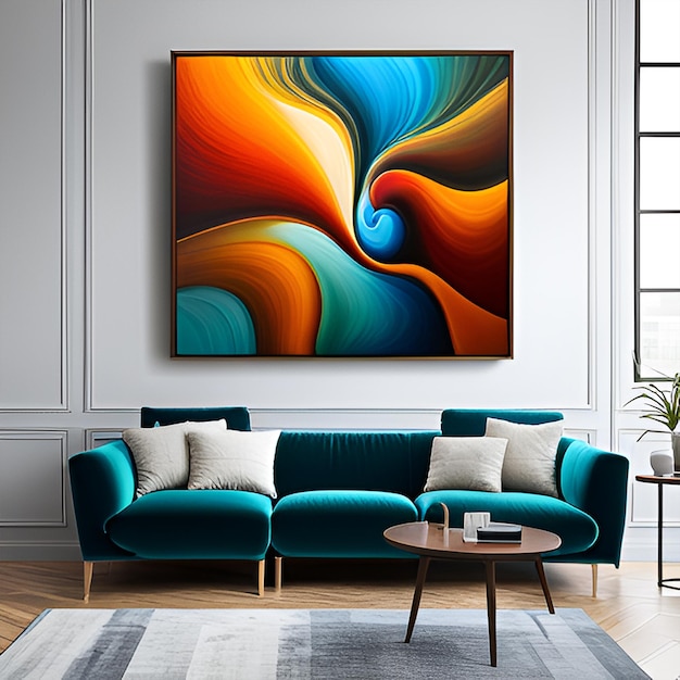 A living room with a colorful abstract frame