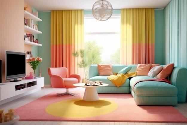 A living room with a colorful couch and a coffee table.