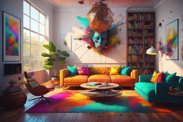 A living room with a colorful couch and a wall art that says'art'on it