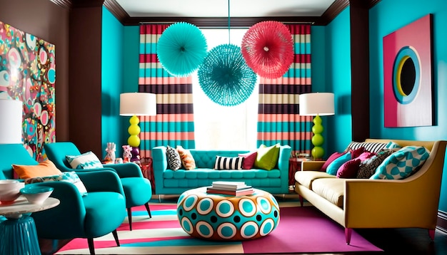 A living room with a colorful rug and a blue sofa.