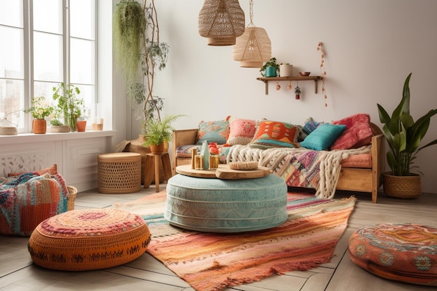 A living room with a colorful rug and a colorful rug.
