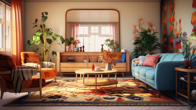 A living room with a colorful rug a couch and chairs