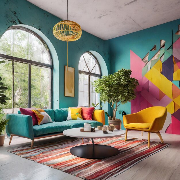 a living room with a colorful wall with a sign that says welcome to the beach