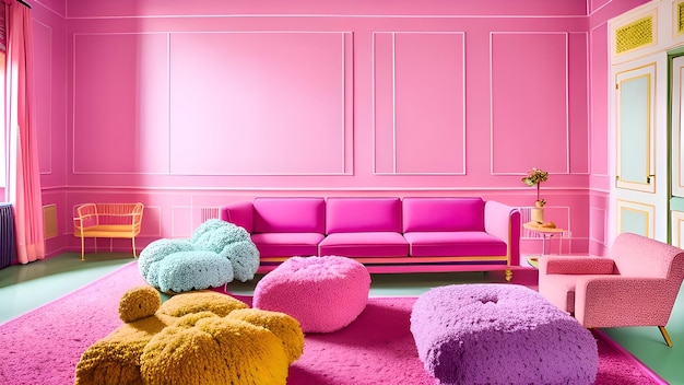 A living room with comfy zone and a pink wall