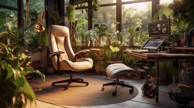 A living room with a computer and a chair in front of a window with plants.