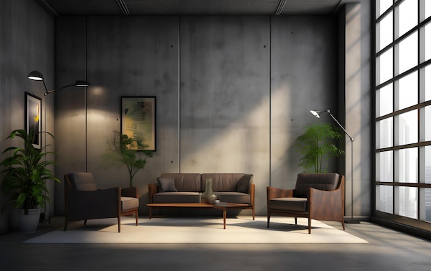 A living room with a concrete wall and a lamp.