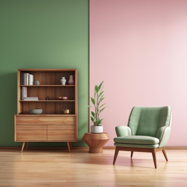 Жилая комната с современным дизайном интерьера с деревянным шкафом