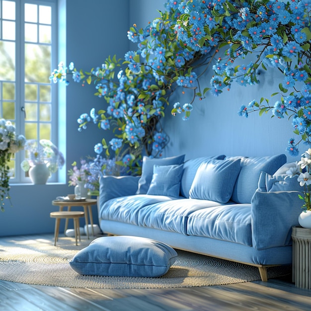 a living room with a couch and a blue and white couch with flowers on the wall