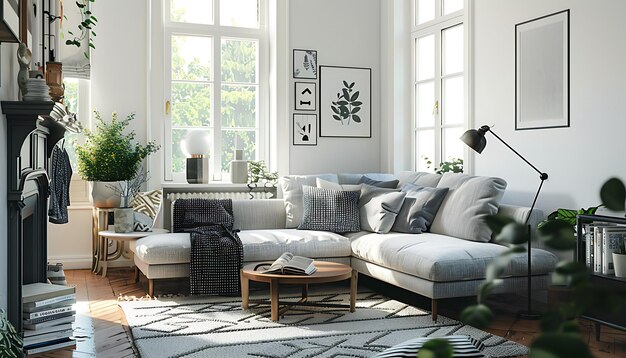 a living room with a couch a book and a book on the table