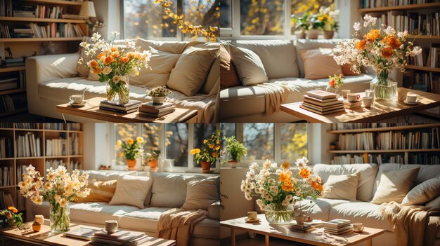a living room with a couch and a book on the table