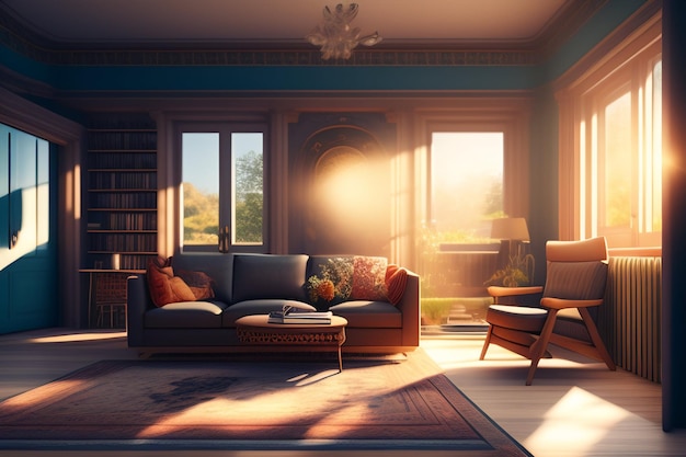 A living room with a couch and a bookcase with a bookcase on the wall.