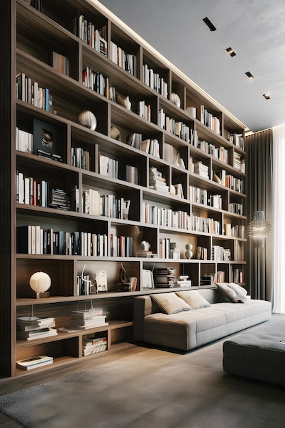 A living room with a couch and a bookcase with books on it