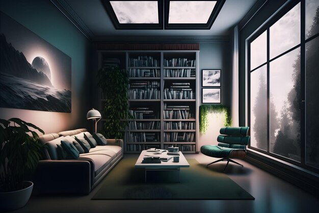 A living room with a couch and a bookcase with a picture of a mountain on the wall.