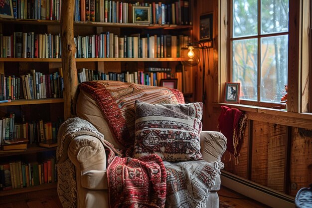 Photo a living room with a couch and a bookcase with a window that saysaon it