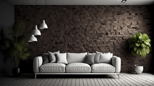 A living room with a couch and a brick wall