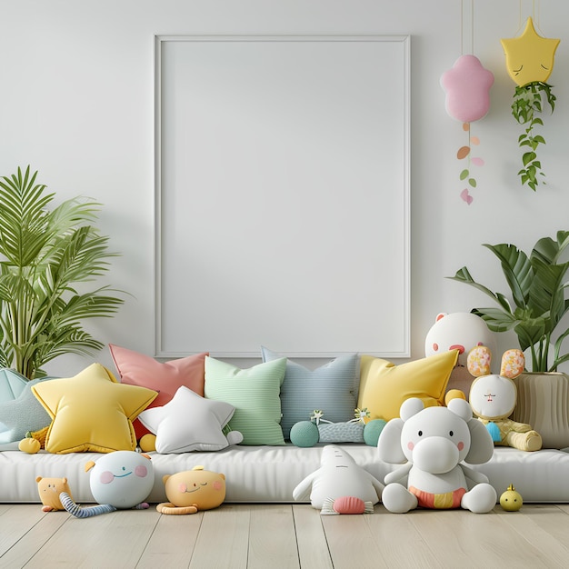 A living room with a couch and a bunch of stuffed animals on the floor and a large white frame