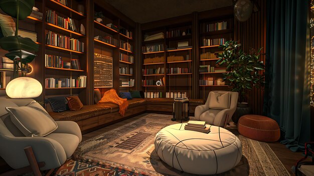 a living room with a couch chair and bookshelf