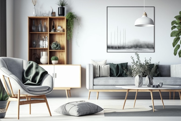 A living room with a couch, a chair, and a plant on the wall.