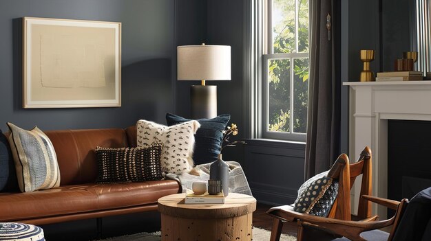 a living room with a couch chair table and lamp