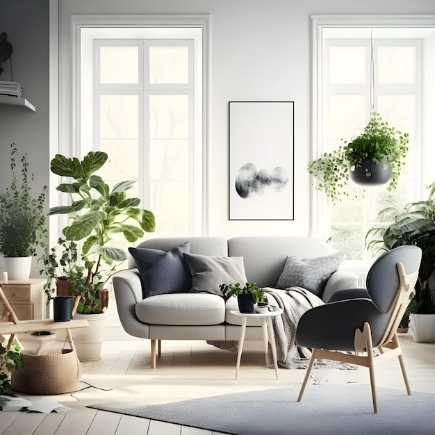 A living room with a couch and a chair that says " i love plants "