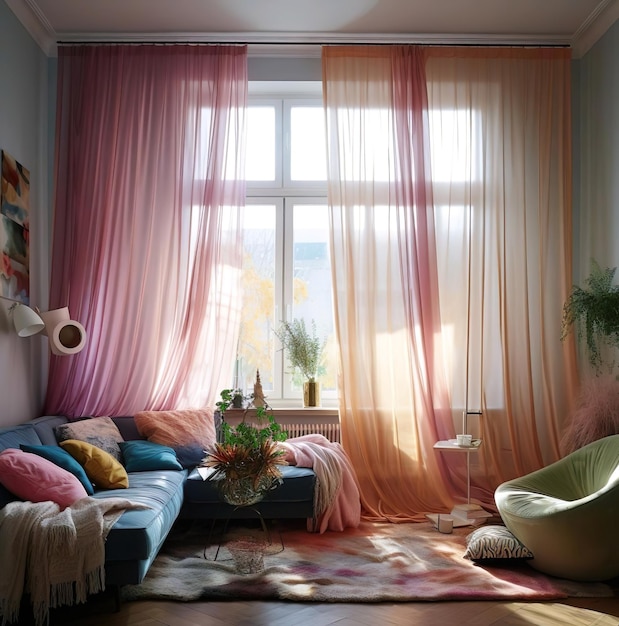 A living room with a couch a chair and a window with a pink curtain