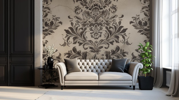 Foto un soggiorno con un divano e una sedia con un disegno floreale sulla parete