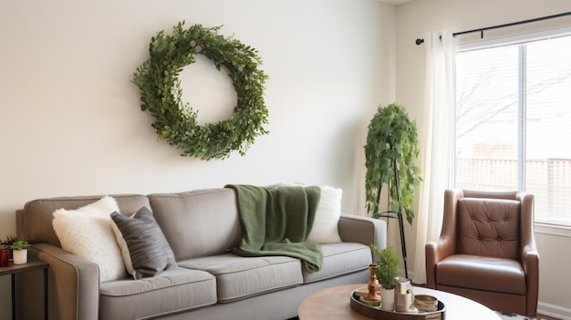 A living room with a couch chair and a wreath on the wall