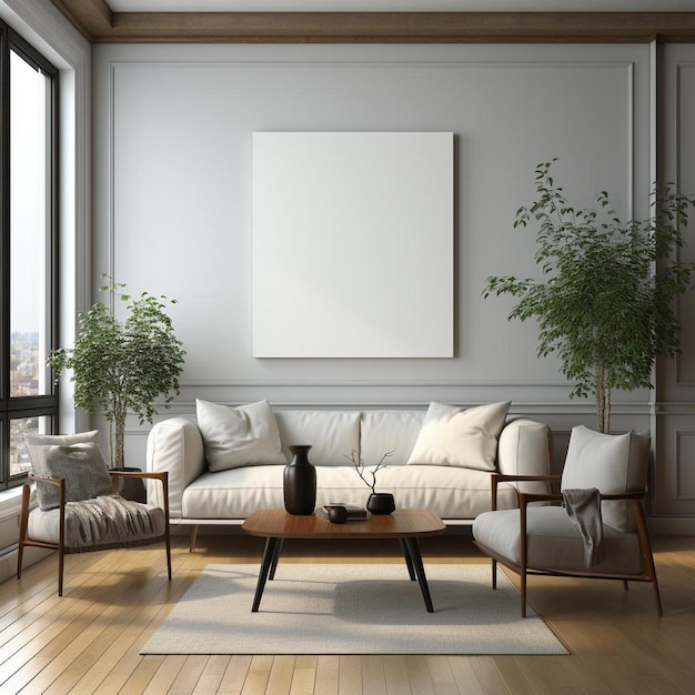 A living room with a couch, chairs, and a picture on the wall.