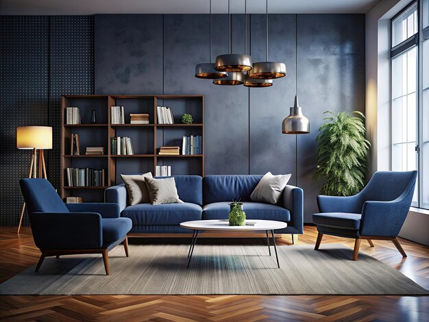 a living room with a couch chairs and a table with a lamp on it