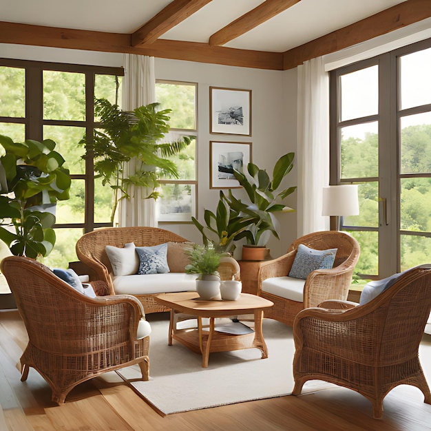 a living room with a couch chairs and a table with a plant on it